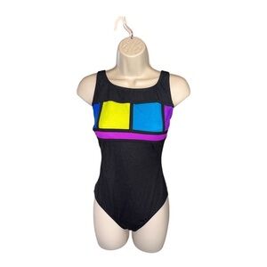 Longitude vintage 90’s hi-cut color block neon black one piece swim suit Med 10